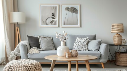Minimalistic design home interior of living room with gray sofa wooden coffee table photo frame...