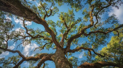 Obraz premium Looking up at a majestic oak tree, its vast branches spreading wide, framed by a perfect blue sky, essence of paradise