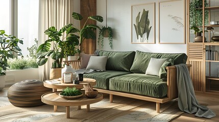 Modern living room, natural elements: Light wood furniture, green fabric sofa, wooden table, plants