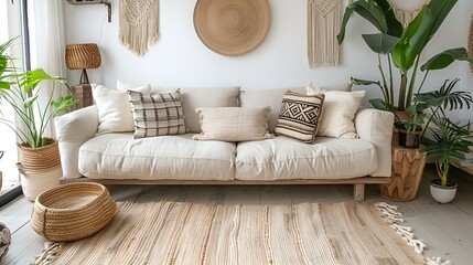 Modern living room, earthy boho: white walls, beige sofa, throw pillows, wooden table, jute rug, green plants