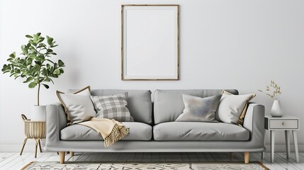 Minimalistic and design home interior of living room with gray sofa newspaper holder  macrame plaid pillows mock up poster frame and elegant accessories Stylish home decor Template Gra : Generative AI