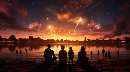 Group of people sitting on the shore of the lake and looking at sunset