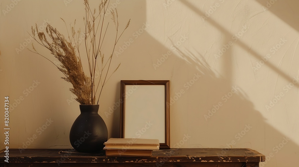 Poster black organic shaped vase with dry flowers grass on old books blank picture frame mockup wooden tabl