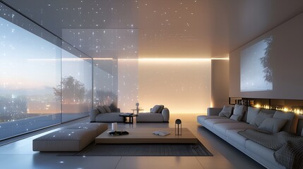 Modern white-colored living room with white sofa, smart projector, room dividers, large windows