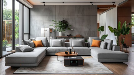 modern living room with integrated smart appliances, modern gray sectional, smart coffee table with a built-in fridge and charging ports, smart air purifiers.