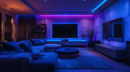 modern living room, sofa, large VR-ready screen, smart storage, blue ambient light