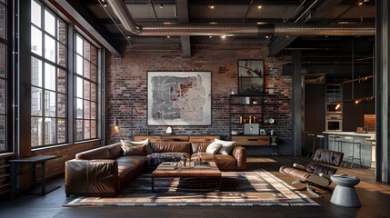 living room, Industrial Smart Home, industrial design elements and automated window shades,
