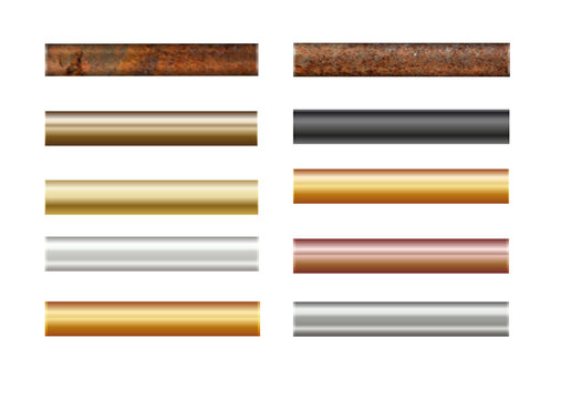 Pipe set isolated on background. Chrome, rusty, steel, golden, copper and iron pipes profile. Cylinder metal tubes. Vector