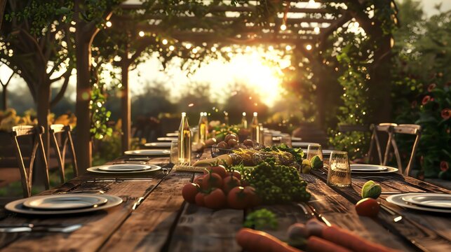 Farmtotable dinner outdoor setting long wooden table fresh vegetables soft sunset light wideangle shot