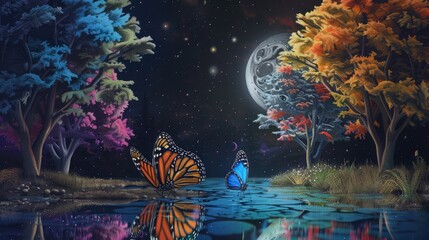 A magical composition featuring a turquoise tree under a starry sky, with silver butterflies adding a touch of elegance.