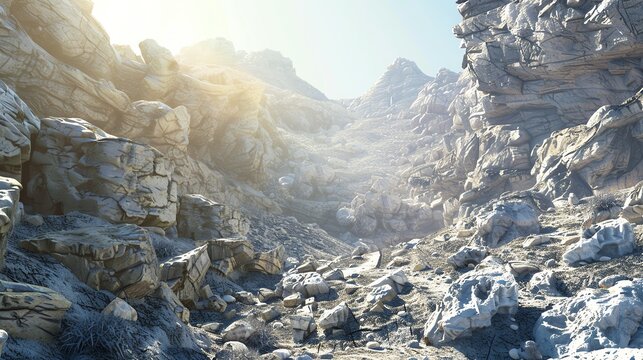 Wideangle shot of a mountainous rocky terrain, sun casting long shadows, sharp and detailed rock formations