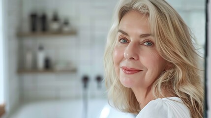 Smiling happy attractive 50s middle aged mature blond woman old lady looking at camera advertising...