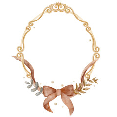 Vintage frame with red bow and ribbon. Watercolor illustration for the design of greetings, Christmas cards, décor, children's room decoration