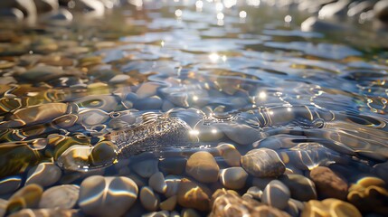 Fototapeta premium Mountain stream with clear water, midangle view, morning light, pebbles visible through water, crisp and cool tones