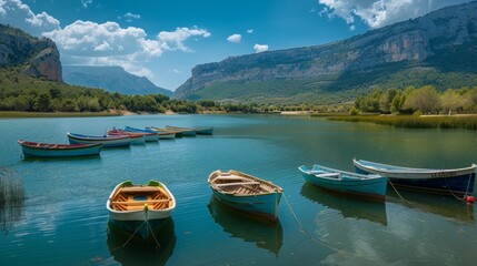 Fishing boats in L Estany a lake in Cullera Valencia province Spain