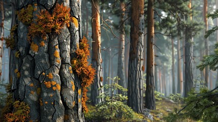 Pine tree bark in a dense forest, rich in texture with moss and lichen, soft morning light, high detail