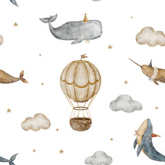 Seamless pattern baby vintage whales, narwhal, sperm whale, air balloon, clouds watercolor for printing textile, fabric © Anastasia Brekhova