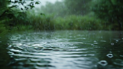 Fototapeta premium Rain droplets on a pond, macro shot, overcast day, rippling water, muted grays and greens, serene atmosphere