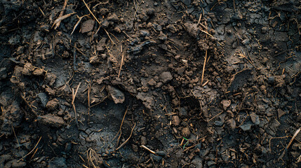Close-up overhead shot of moist peaty soil, showing the intricate details of decomposed vegetation and organic content, perfect for backgrounds emphasizing fertility and natural growth