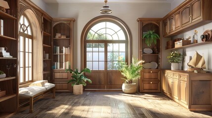 Fototapeta premium elegant mediterranean entrance hall with wooden cabinets and arched doorway 3d interior rendering