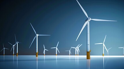 Illustrate a wind farm with turbines generating electricity, renewable energy theme, side view, representing sustainable power, digital tone, Split-complementary color scheme