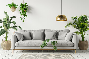 Urban jungle style livingroom with gray sofa golden lamp and plants in pots on white wall background. 3d rendering.