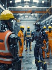 Show a safety officer checking protective gear compliance among plant workers, compliance theme, front view, highlighting adherence to safety regulations, robotic tone, vivid