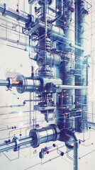 Visualize a process flow diagram for a chemical production facility, industrial theme, side view, emphasizing process integration, futuristic tone, Complementary Color Scheme