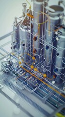 Visualize a process flow diagram for a chemical production facility, industrial theme, side view, emphasizing process integration, futuristic tone, Complementary Color Scheme