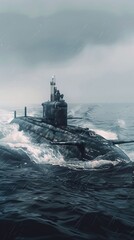 Fototapeta premium Visualize a submarine navigating underwater currents, marine theme, side view, emphasizing fluid resistance, futuristic tone, Complementary Color Scheme