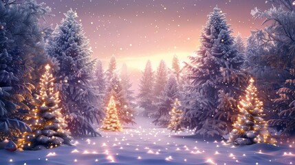 enchanting winter wonderland illustration of an illuminated christmas tree forest on a snowy night with festive decorations in a magical artificial twilight setting digital art