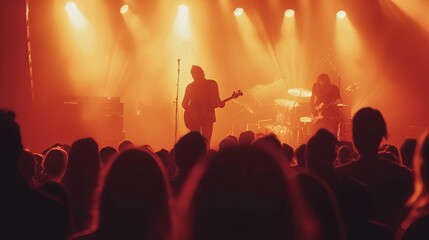 energetic concert crowd silhouette with defocused stage lights live music event atmosphere