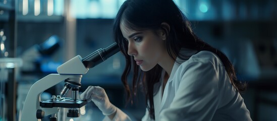 A young woman scientist is doing research in a laboratory using a microscope, wearing a lab coat....
