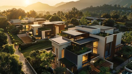 Fototapeta premium Solar panels on modern homes at sunset, ecofriendly architecture, aerial view, warm lighting