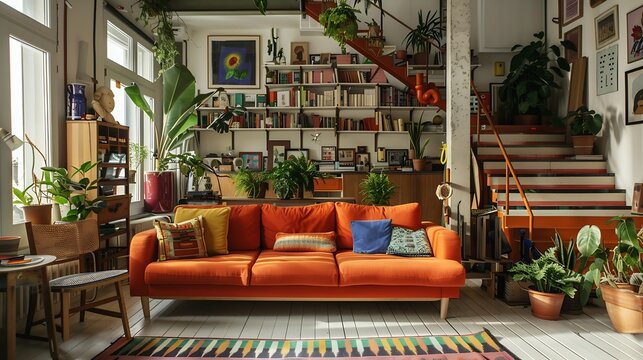 Bohemian style living room with orange sofa colored chairs books houseplants stair case and cluttered decor : Generative AI