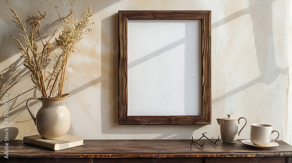 Poster empty wooden picture frame mockup hanging on beige wall background boho shaped vase dry flowers on t