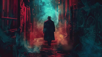 enigmatic noir detective wandering through shadowy urban alley cinematic dramatic portrait digital painting