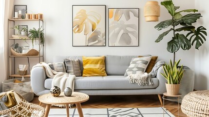 Modern boho interior of living room at cozy apartment with gray sofa honey yellow pillows and plaid...