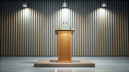 A minimalist podium on a stage, offering a clean backdrop for speeches or presentations