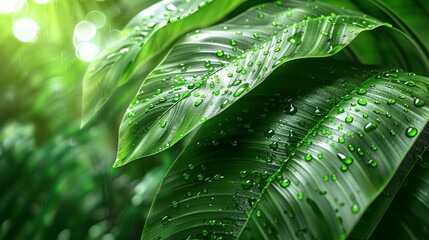 Fototapeta premium Tropical leaves with raindrops, side angle, vibrant green, natural light