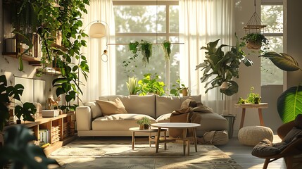 Urban apartment with recycled decor, indoor plants, large windows, soft natural light, wideangle, neutral tones, cozy atmosphere
