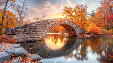 stone bridge stretches over a mirror-like river, the calm waters doubling the spectacle of fall colors, the whole scene basked in the warm glow of a peaceful sunset. - Powered by Adobe