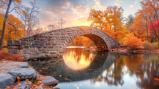 stone bridge stretches over a mirror-like river, the calm waters doubling the spectacle of fall colors, the whole scene basked in the warm glow of a peaceful sunset.