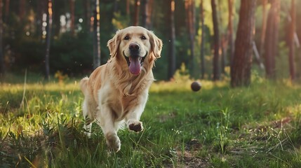 Golden Retriever plays with a ballA beautiful dog walks in a clearing puppy runs in the parkA trained dog performs tricksA joyful dog in the forestAn obedient labrador walks dog sittin : Generative AI