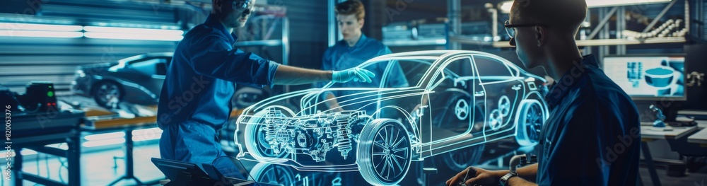 Aufkleber In a stateoftheart automotive workshop, engineers are examining a futuristic car hologram, displaying cuttingedge innovation in automotive design in a technologically advanced environment