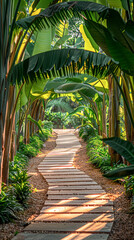 Naklejka premium A tranquil garden walkway meanders, flanked by the verdant green of young heliconia plants, the whole scene bathed in the warm glow of the morning light, highlighting the tranquility of this outdoor
