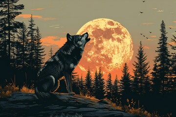 Silhouette image of wolf howling with moon on the background