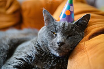 A gray cat wearing a birthday party hat stock photo