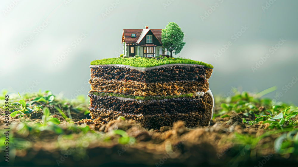 Canvas Prints a cross-section of earth transformed into a cake slice, complete with a lush green lawn topping and a miniature house sitting quaintly on top, symbolizing eco-friendly living.