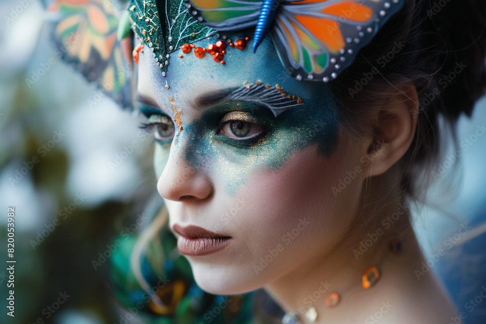 Wall mural model in elaborate fantasy makeup